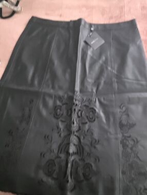 Black Faux Leather A-Line Midi Skirt with Embossed Baroque Detail
